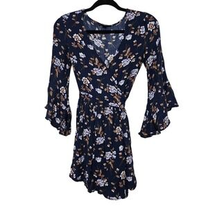 Midnight Fairycore Floral Mini Boho Bell Sleeve Wrap Dress Ethereal Navy S